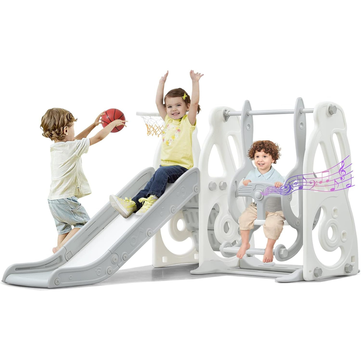 Toddlers Outdoor Baby Plastic Slide and Swing Set Outdoor Toddler Climber Playset with Basketball Hoop