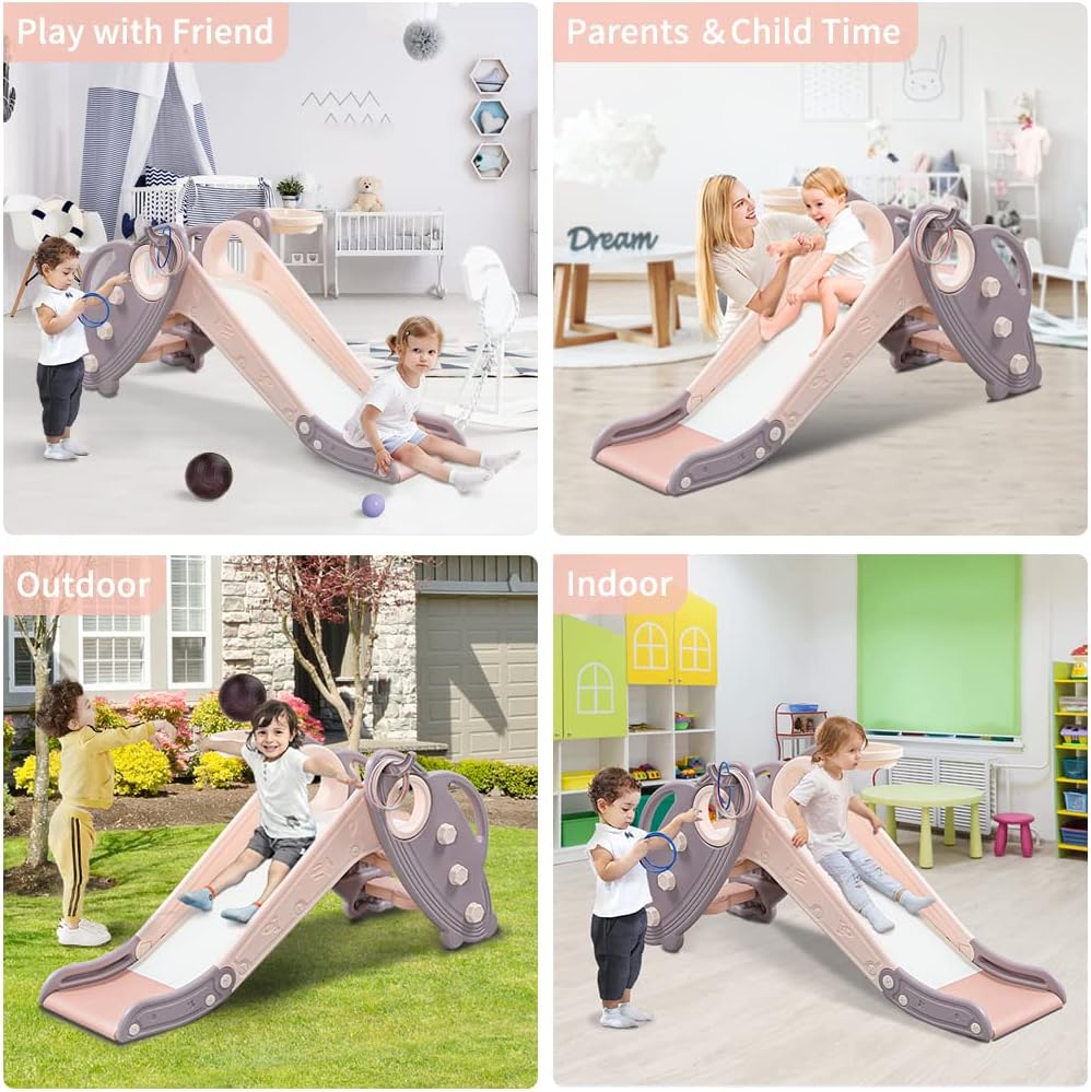 Kids Slide for Toddlers Baby Plastic Slide Outdoor Climber Freestanding Playset with Basketball Hoop & Ring Game