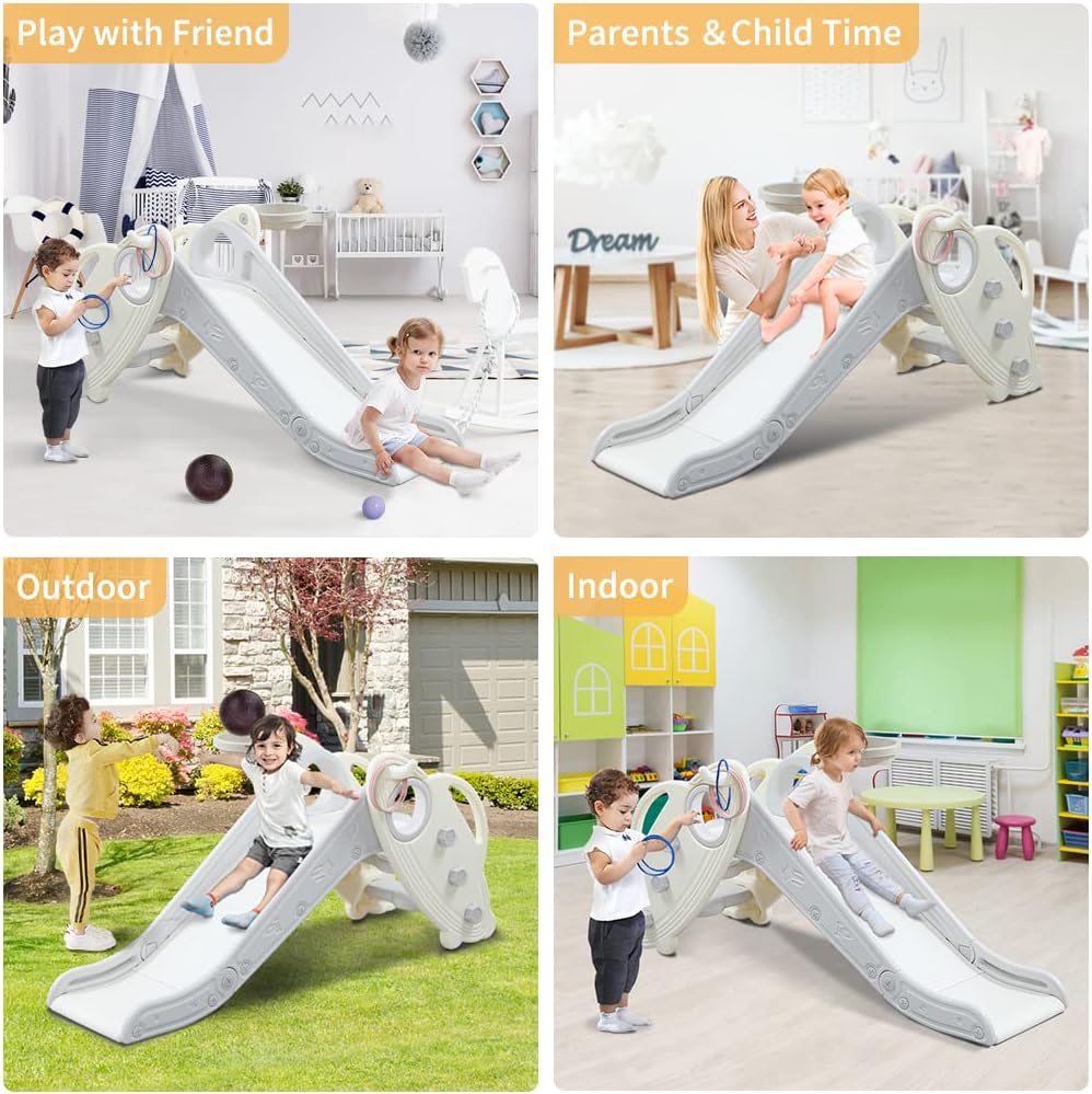 Kids Slide for Toddlers Baby Plastic Slide Outdoor Climber Freestanding Playset with Basketball Hoop & Ring Game