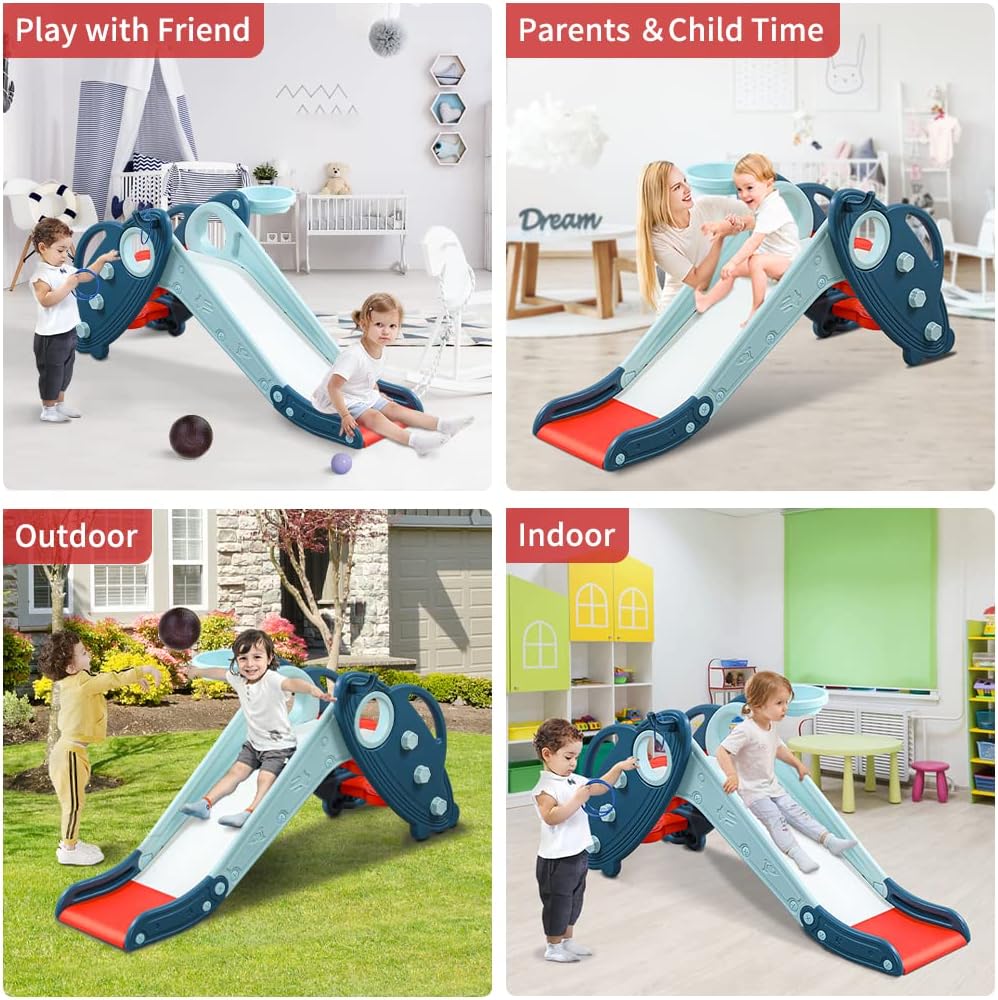 Kids Slide for Toddlers Baby Plastic Slide Outdoor Climber Freestanding Playset with Basketball Hoop & Ring Game